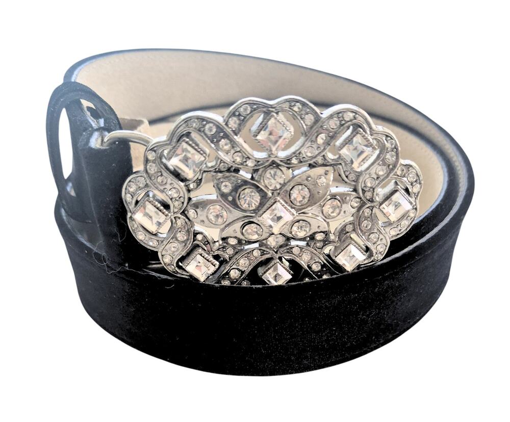 Chicos Leather Belt Sz Med Black Silver Crystal Buckle Statement Glam